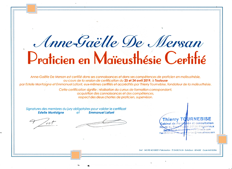 diplôme de maïeusthésie d'Anne-Gaëlle de Mersan